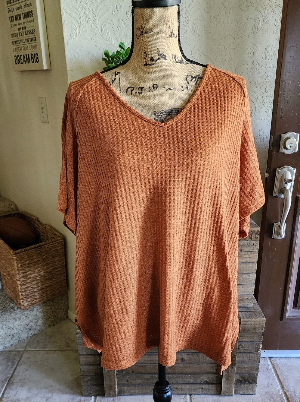 Shein Waffle Knit V-Neck Women's Top - Rust Orange